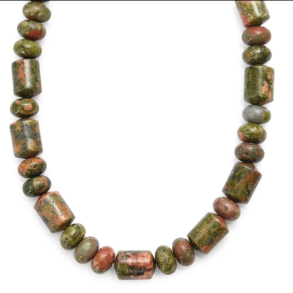 UNAKITE 265.0 CTW TUMBLE AND BEADED NECKLACE IN STAINLESS STEEL. 18 INCHES.NWT - Picture 3 of 4